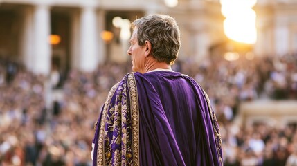 Naklejka premium Emperor wearing rich purple clothing, standing before a large audience, representing power, leadership, and ancient Roman history