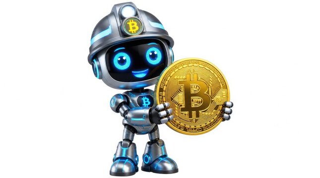 Robot miner character holding a large golden Bitcoin coin.