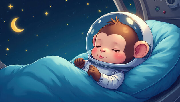 Cute baby monkey astronaut slepic in cozy spaceship. Night sky with moon and stars outside. Peaceful slumber in zero gravity, future exploration adventure.