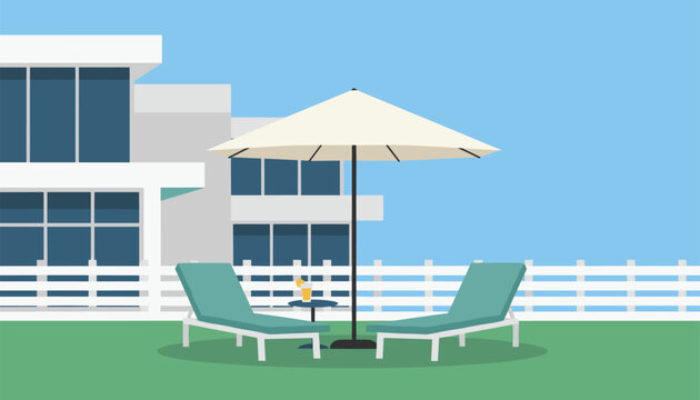 Peaceful outdoor relaxation scene featuring two lounge chairs under a large parasol with a refreshing drink on a small table near a villa.