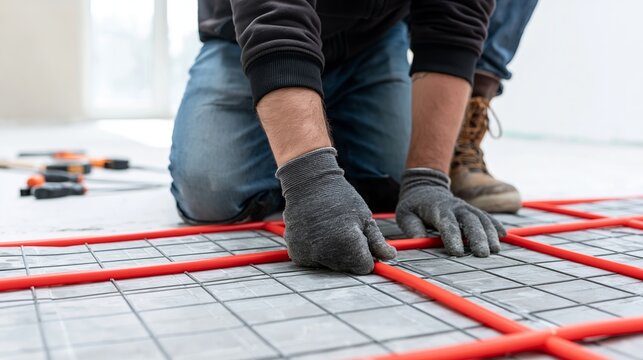 Worker hands in gloves setting radiant floor heating pipes onto a wire grid, building an energy efficient underfloor system