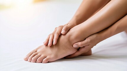 Fototapeta premium Persons hands gently massaging a foot and ankle, focusing on pain relief and wellness with warm indoor lighting