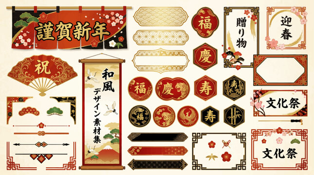 Mega collection set of elegant traditional Japanese design elements including festive banner scrolls decorative frames gold seals and seasonal holiday patterns,