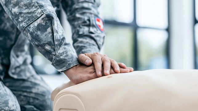Military medic performing CPR chest compressions on resuscitation training mannequin during emergency first aid lesson