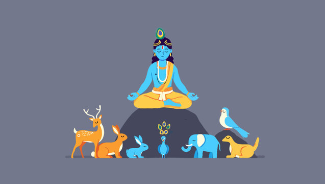 Lord krishna meditating with animals in nature, a spiritual and peaceful scene