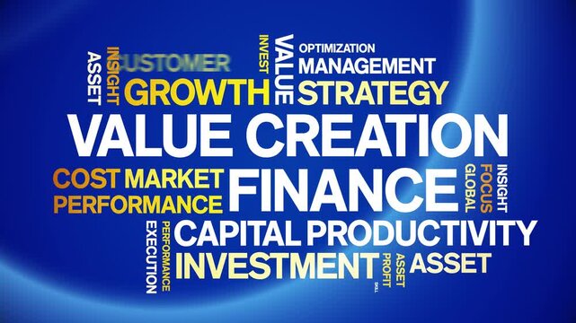 Value Creation Finance animated word cloud-text design animation tag kinetic typography seamless loop.