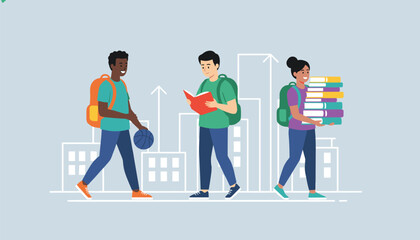 Fototapeta premium Students with backpacks walking and reading books in a modern urban school setting during a busy academic day outside building.