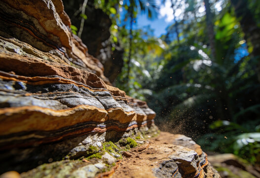 Geological sedimentary rock strata layers in a dense wild forest canyon. sedimentary, strata, geology, erosion, weathering, canyon, wilderness, foliage, earthy, ochre, formation, texture, layering.

