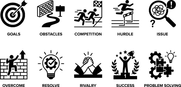Challenge icon set with goals, obstacles, competition, hurdle, issue, overcome, resolve, rivalry, success, problem solving symbols. clean vector icons for apps, web, business design.