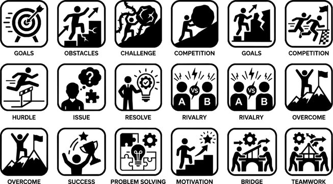 Challenge icon set with goals, obstacles, competition, hurdle, issue, overcome, resolve, rivalry, success, problem solving symbols. clean vector icons for apps, web, business design.
