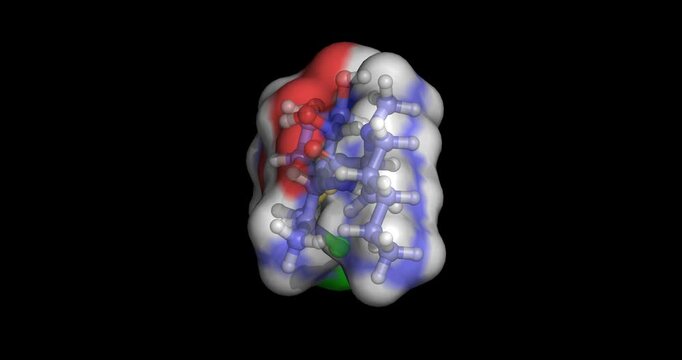 Clindamycin, antibiotic targeting ribosomal 50S subunit for severe anaerobic infections, 3D molecule 4K spinning 