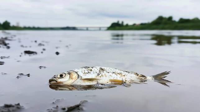 Dead fish floating on the surface of polluted river water under a cloudy sky, representing environmental damage and water pollution
