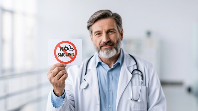 Doctor holding no smoking sign, encouraging healthy lifestyle and quit smoking campaign for better health