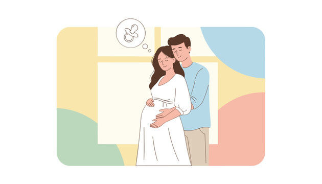 Loving couple hugging each other, the woman is pregnant, and both are dreaming of the future with a baby pacifier icon visible.