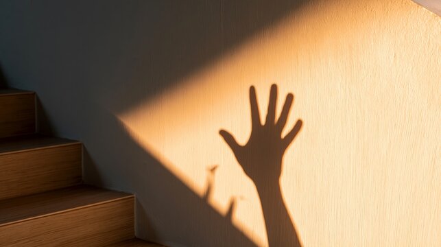 Hand shadow reaching for sunlight on textured wall beside staircase, casting warm dramatic illumination