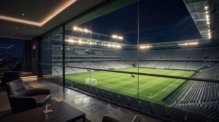 Naklejka premium Empty football stadium viewed through glass from a private suite