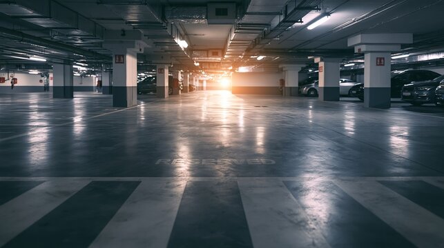 Empty underground parking garage with reserved parking space and bright light at distant end