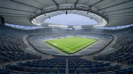 Fototapeta premium Symmetrical view of an empty football stadium beneath a white canopy roof