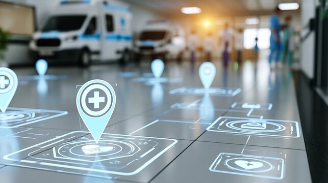 Futuristic hospital corridor displaying glowing digital map markers, healthcare navigation, and medical ambulances