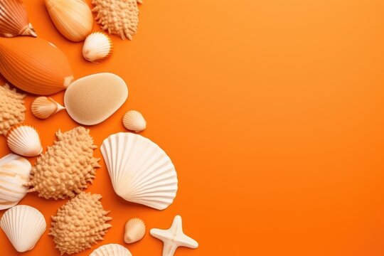 Seashell assortment and small starfish on orange background with copy space