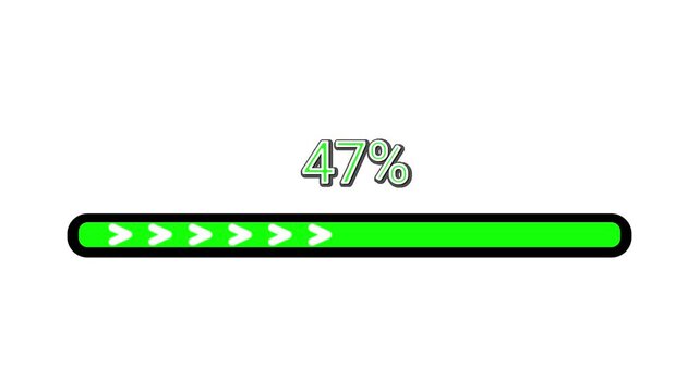 Green progress bar loading from zero to one hundred percent with chevron arrows on a white background.
