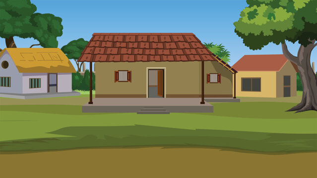 Rural landscape vector background featuring traditional clay houses with tile and thatch roofs under a bright blue sky in an Indian village backdrop.