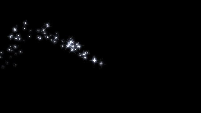 White Glowing Glitter Sparkle Star Trail with Twinkling Fairy Dust, Shimmering Magic Particles, cartoon doodle sparkles, fairy dust glitter stars trail on black screen, Curved Light Motion, 4k