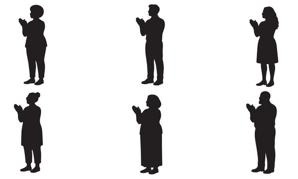 Group of black silhouettes representing diverse people standing and clapping hands in applause.