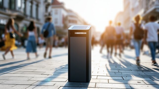 Smart waste bin with solar panel standing in busy city pedestrian street, people walking in background, urban sustainability