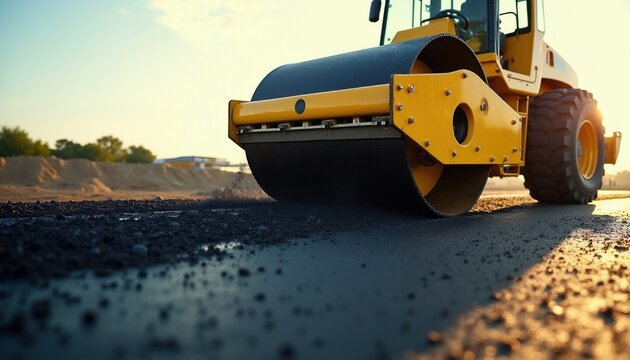 Yellow road roller presses asphalt on construction site. Heavy equipment works on paving road surface for city infrastructure project. Compacting ground for new street.