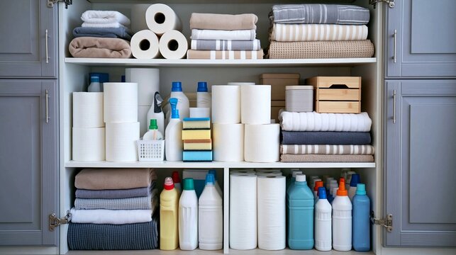 Organized utility cabinet displaying household essentials, cleaning supplies, toilet paper, paper towels, and neatly folded towels