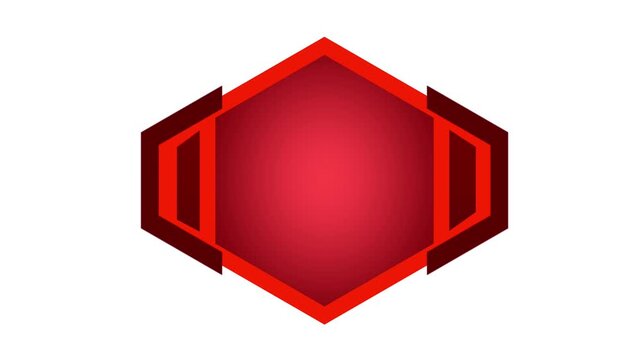 Abstract red gaming border frame in the shape of a hexagon unfolding and expanding over an isolated white background.