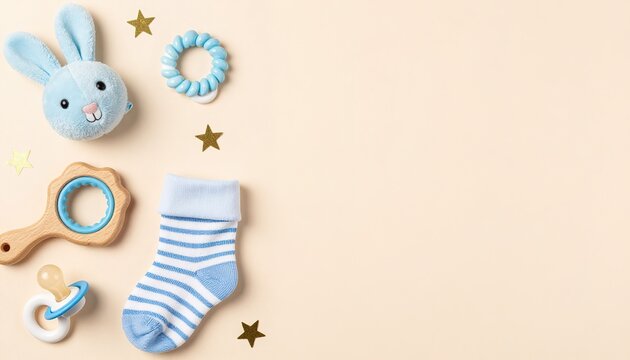 Adorable Baby Essentials Collection: Stuffed Bunny, Socks, Pacifier & More on Beige Star Background