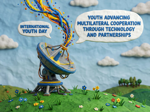 Plasticine satellite dish on green hill emitting colorful streams of data with speech bubbles for international youth day theme focusing on technology and global cooperation in 3d clay style.
