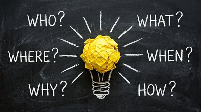 Brainstorming lightbulb idea concept with crumpled yellow paper on a blackboard surrounded by question words who what where when why how for problem solving