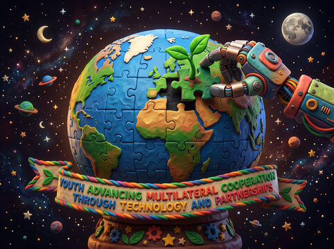 A robot hand placing missing puzzle piece of a green sprout onto earth puzzle, which is surrounded by colorful planets, stars, and moon in a cosmic background.