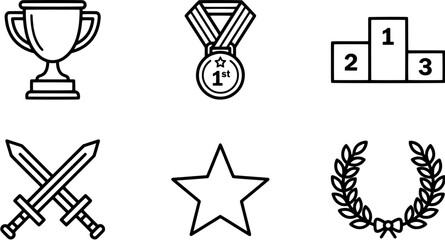 Fototapeta premium Award and victory icon set. Trophy cup, medal, podium, swords, star, and laurel wreath collection in line art style. Editable vector illustration on white background.