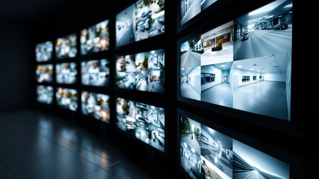 Wall of screens showing real time camera views, representing security, digital technology, control, and privacy concerns