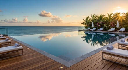 Fototapeta premium Luxury infinity pool overlooking ocean at sunset with palm trees