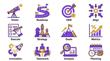 Fototapeta premium Business Strategy Icons: Vision, Roadmap, OKR, Align, Execute, Strategy, Goals, Metrics, Innovation, Teamwork, Analysis, Planning