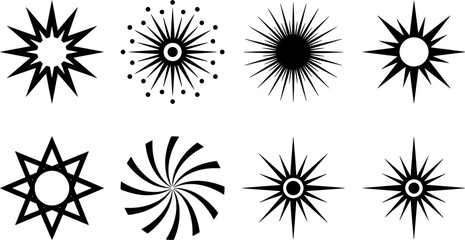 Obraz premium Star burst icon set. Black sunburst and sparkle shape collection in flat style. Isolated on white background, fully scalable vector illustration.