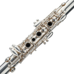 Obraz premium Polished silver clarinet with intricate mechanical keywork positioned diagonally against a transparent studio backdrop, concept of sophisticated musical elegance