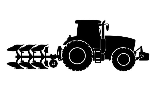 Modern farm tractor with tillage plow silhouette isolated industrial vector illustration on white background