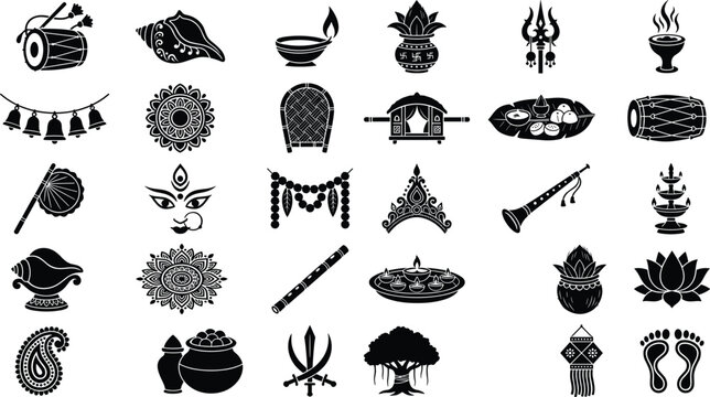 Decorative bengali and indian cultural icons set featuring traditional festival elements