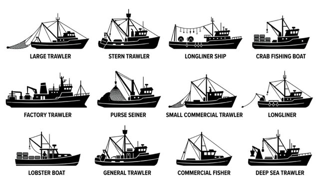 Fishing Vessels Silhouette Icon Sheet, Commercial Trawler and Longliner Ship Vector Symbols, Flat Black Marine Boat Shapes Isolated on White