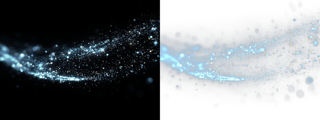  A wave of shiny blue particles with a sparkling light trail on a transparent background. © KETRIN