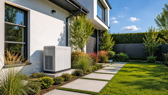 Backup generator and heat pump beside modern luxury house exterior