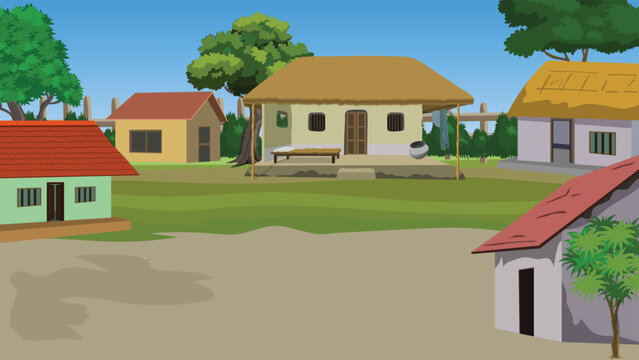 Traditional Indian village courtyard with thatched mud house charpai wooden cot clay pot and brick cottages illustration