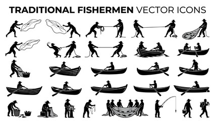 Fototapeta premium Traditional Fishermen Silhouette Icon Sheet, Casting Net Hauling Line Rowing Boat Vector Symbols, Flat Black People Shapes Isolated on White