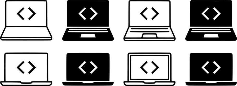 Programming laptop icon set. Coding development and software engineering collection in outline and solid styles. Editable vector illustration isolated on white background.